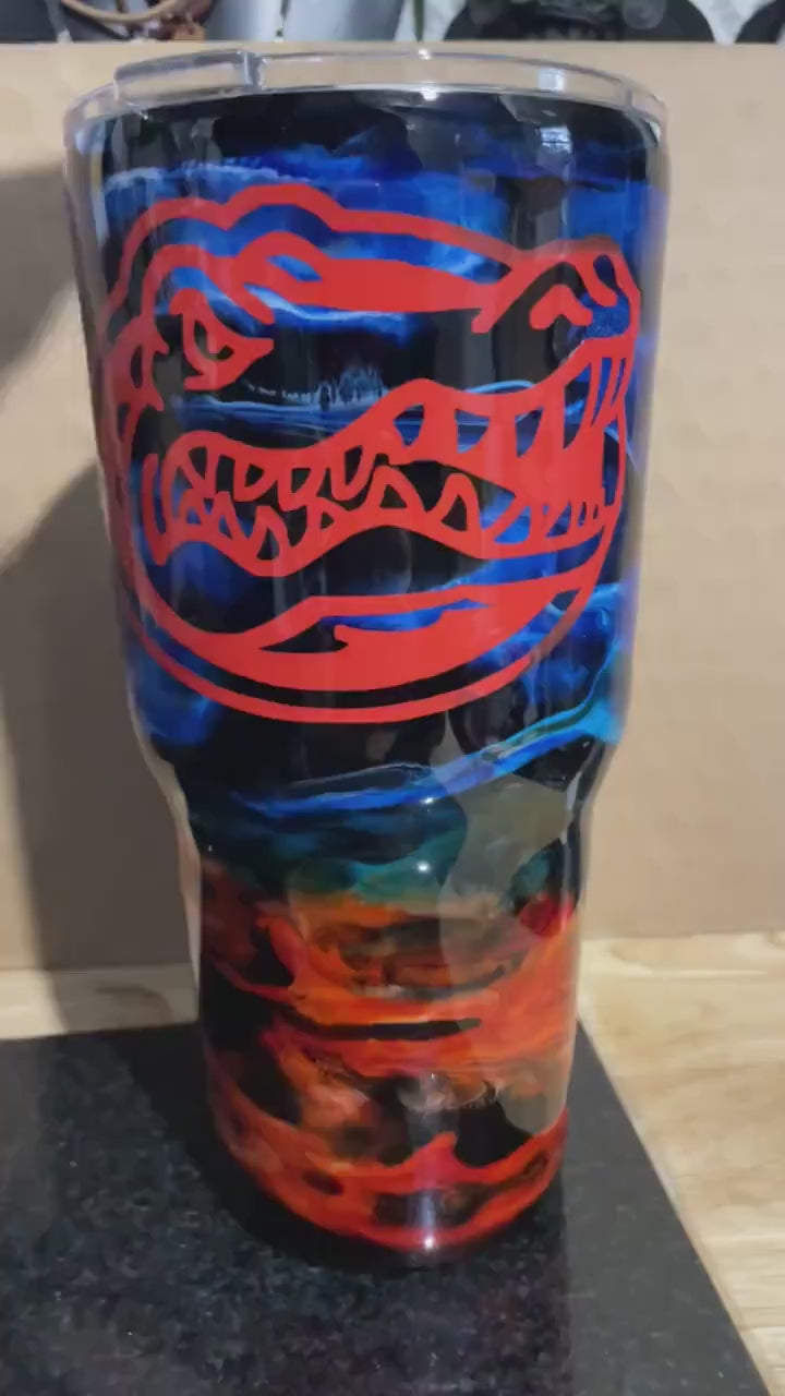 Blue and Orange Swirl Gator Tumbler: Insulated Stainless Steel Cup