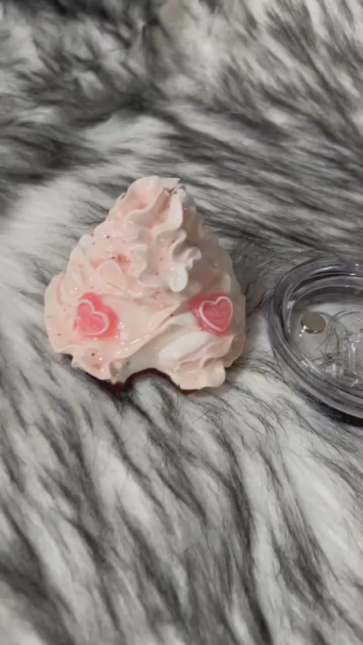 Whipped cream Valentines topper with fake heart shaped candy, removable topper and lid for different size tumblers. Faux topper.