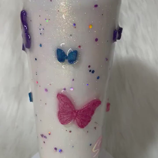 Butterflies Tumbler with 3D butterflies and 3D removable butterflies lid topper. Pink, Purple and Blue, personalized gift for her.