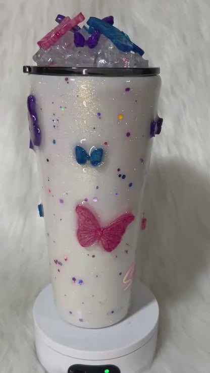 Butterflies Tumbler with 3D butterflies and 3D removable butterflies lid topper. Pink, Purple and Blue, personalized gift for her.