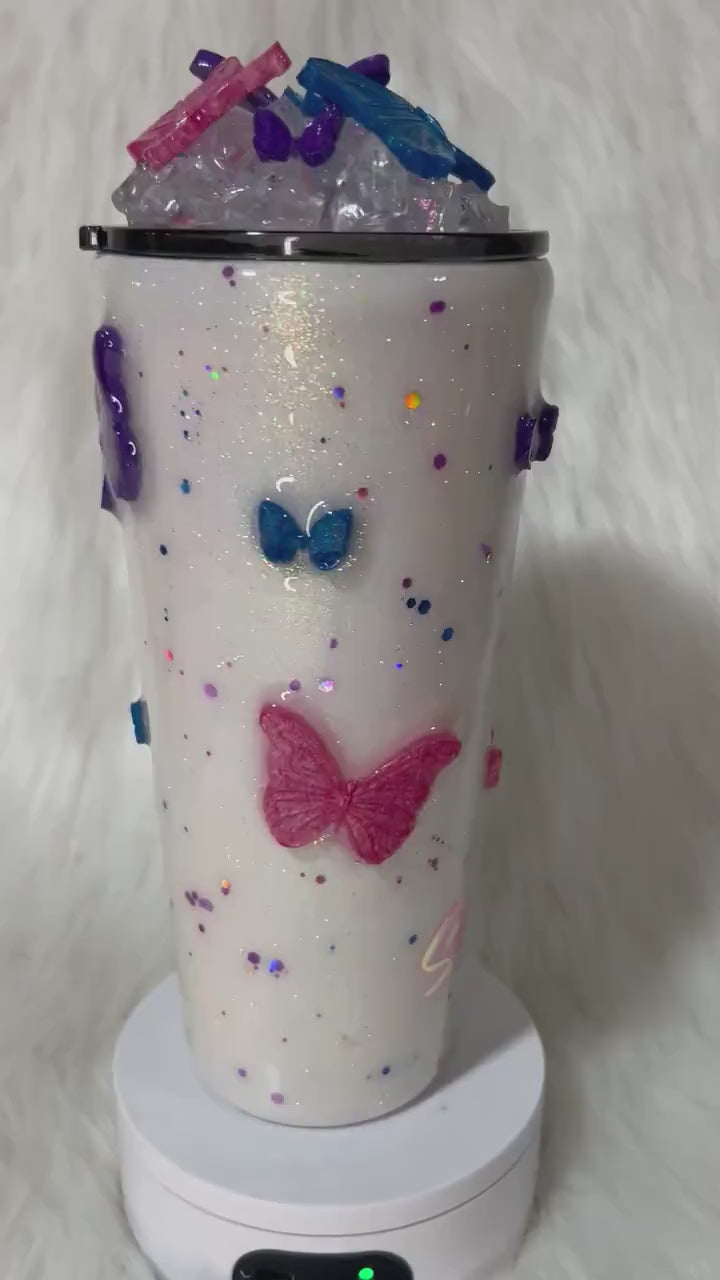 Butterflies Tumbler with 3D butterflies and 3D removable butterflies lid topper. Pink, Purple and Blue, personalized gift for her.