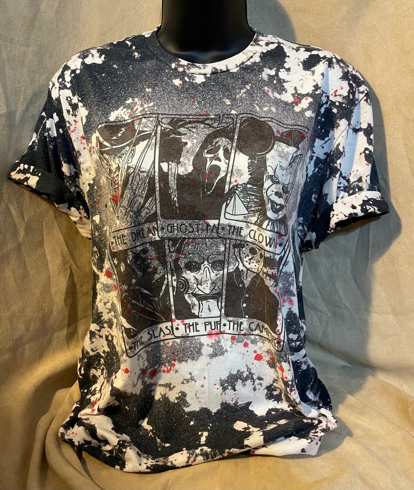 T-shirt, Custom Hand Bleached (Horror Movies Tarot Cards Design on a Dark Grey shirt), halloween tee, bloody shirt, spooky horror top.