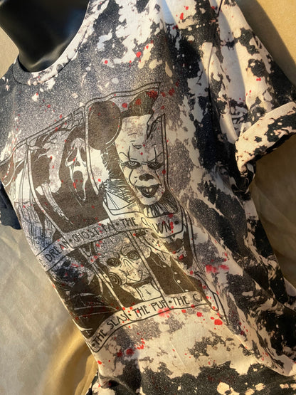T-shirt, Custom Hand Bleached (Horror Movies Tarot Cards Design on a Dark Grey shirt), halloween tee, bloody shirt, spooky horror top.