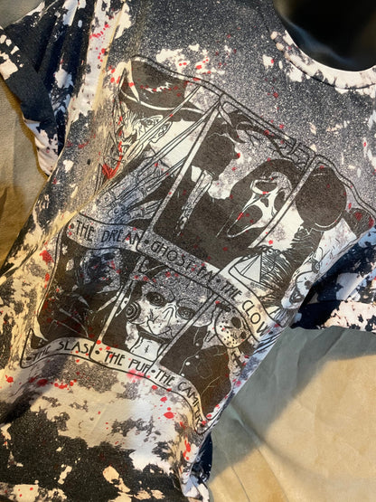 T-shirt, Custom Hand Bleached (Horror Movies Tarot Cards Design on a Dark Grey shirt), halloween tee, bloody shirt, spooky horror top.