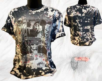 T-shirt, Custom Hand Bleached (Horror Movies Tarot Cards Design on a Dark Grey shirt), halloween tee, bloody shirt, spooky horror top.