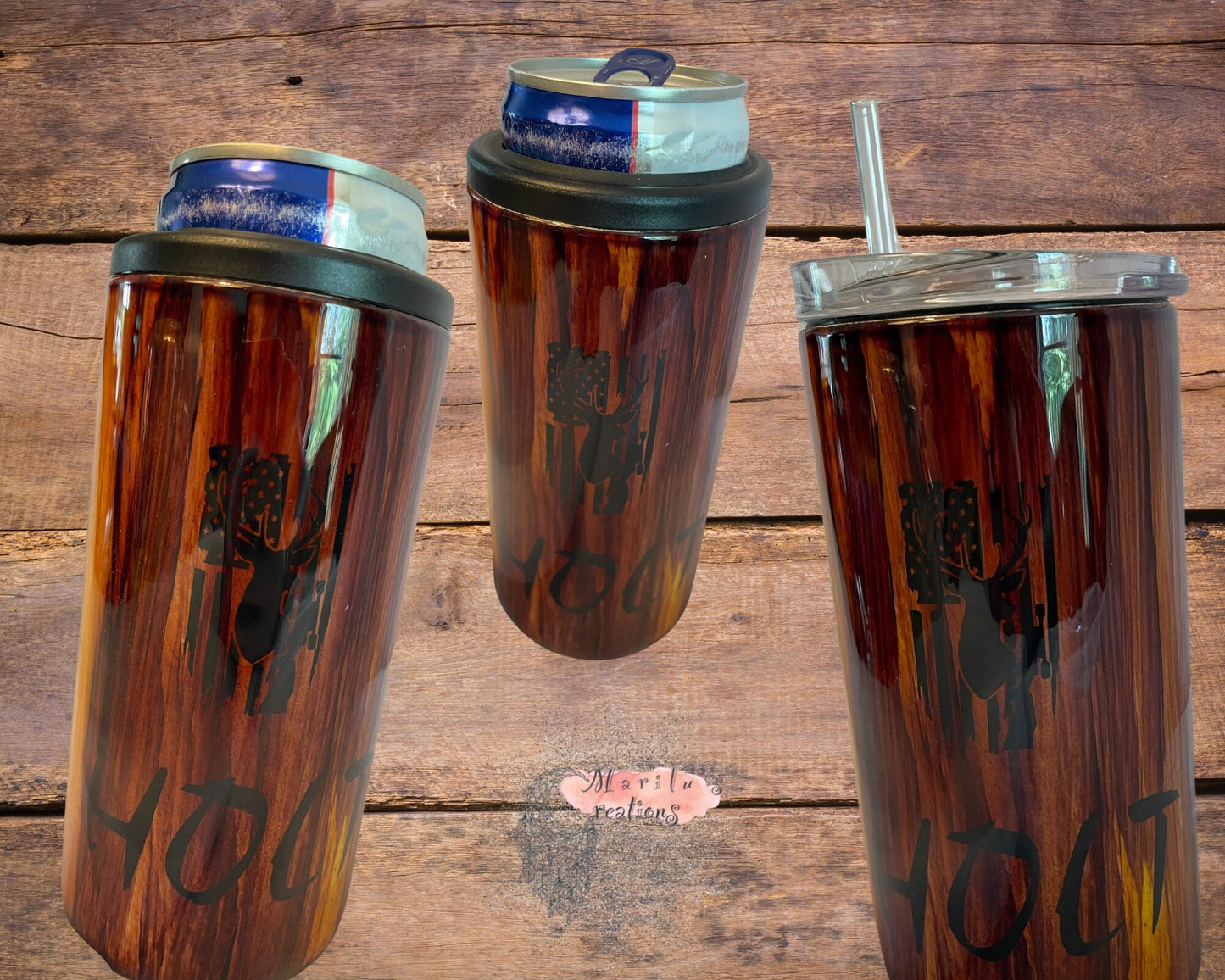 4 in 1 Can (skinny and regular)/bottle Koozie and is also a 14oz tumbler, Wood Grain Style with Deer and Distressed American Flag design