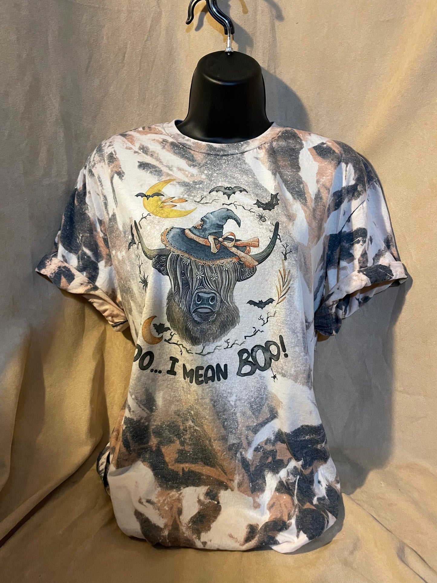 T-shirt, Custom Hand Bleached, Moo I mean BOO shirt, Halloween tee, highland cattle top, cow, spooky top, long hair cow, bats tshirt.