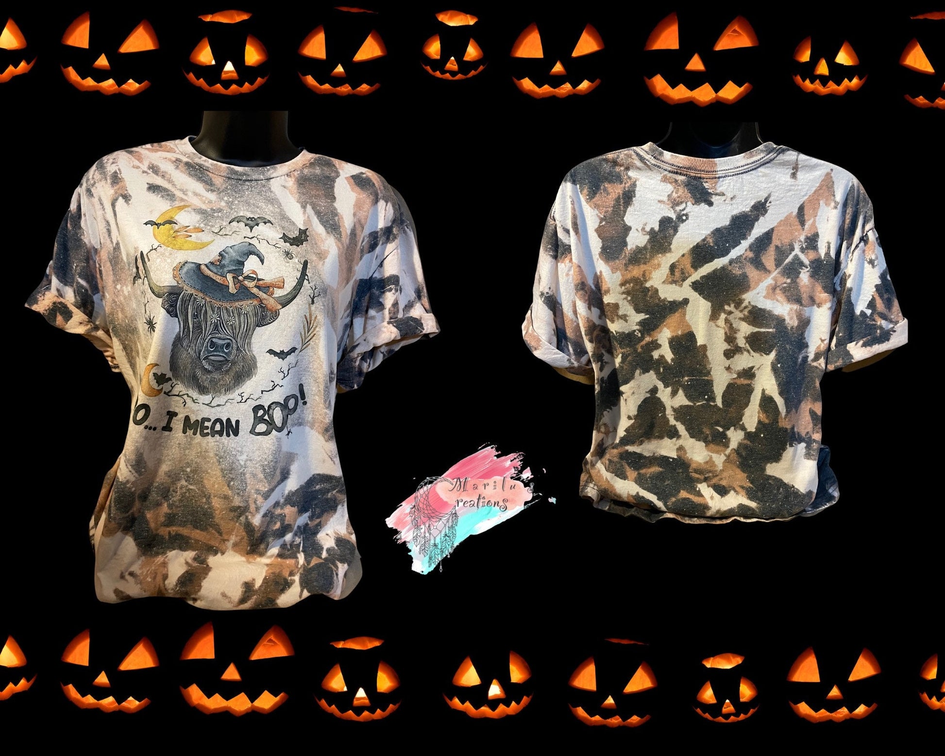 T-shirt, Custom Hand Bleached, Moo I mean BOO shirt, Halloween tee, highland cattle top, cow, spooky top, long hair cow, bats tshirt.
