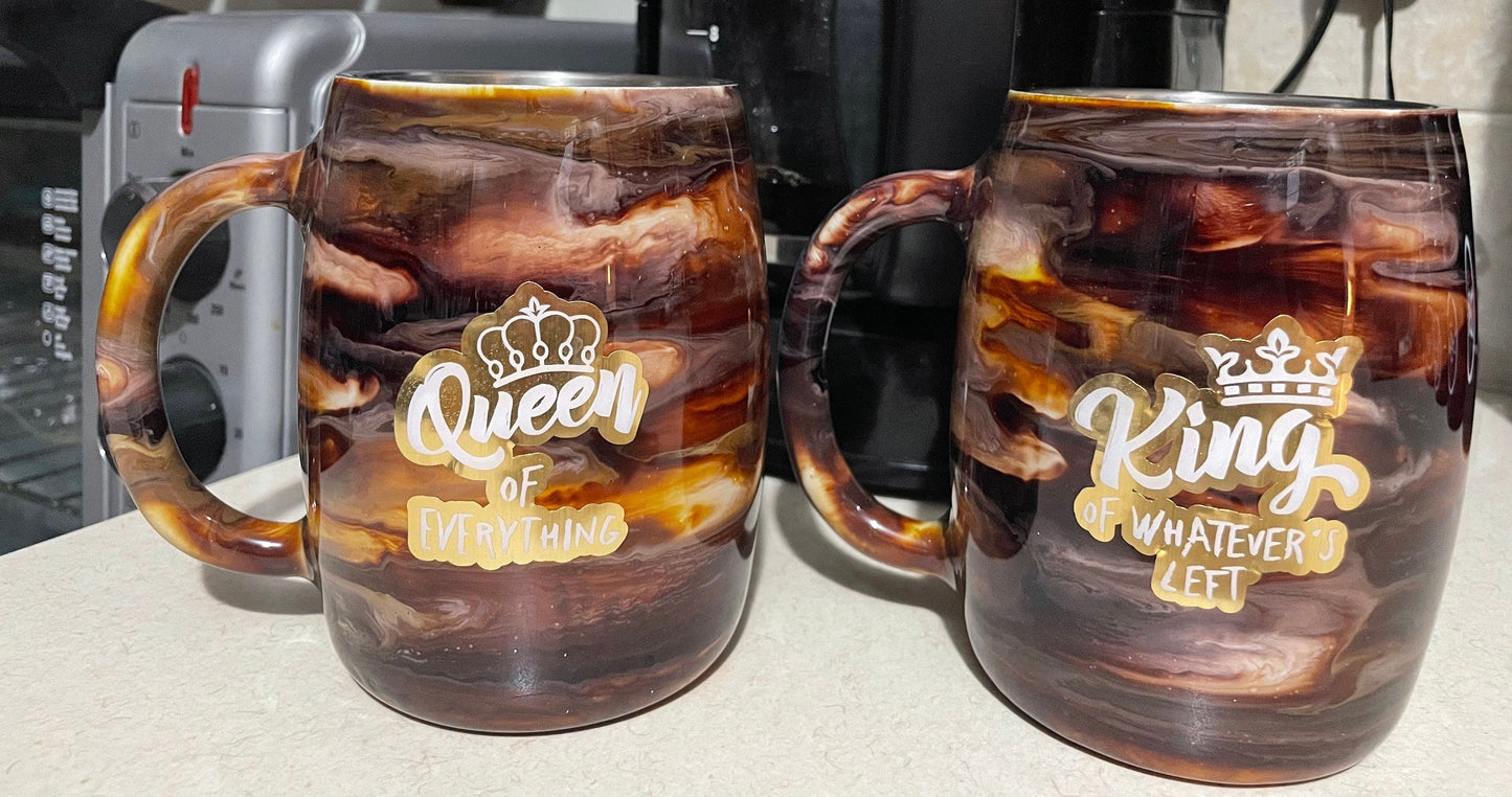 14oz Coffee mug set of 2, Queen and King (insulated Stainless Steel double wall with lid)