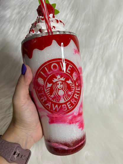 Strawberry Mocha custom tumbler, I Love Strawberries, 3D whipped cream topper.