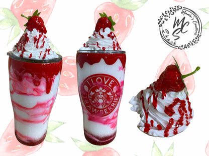 Strawberry Mocha custom tumbler, I Love Strawberries, 3D whipped cream topper.