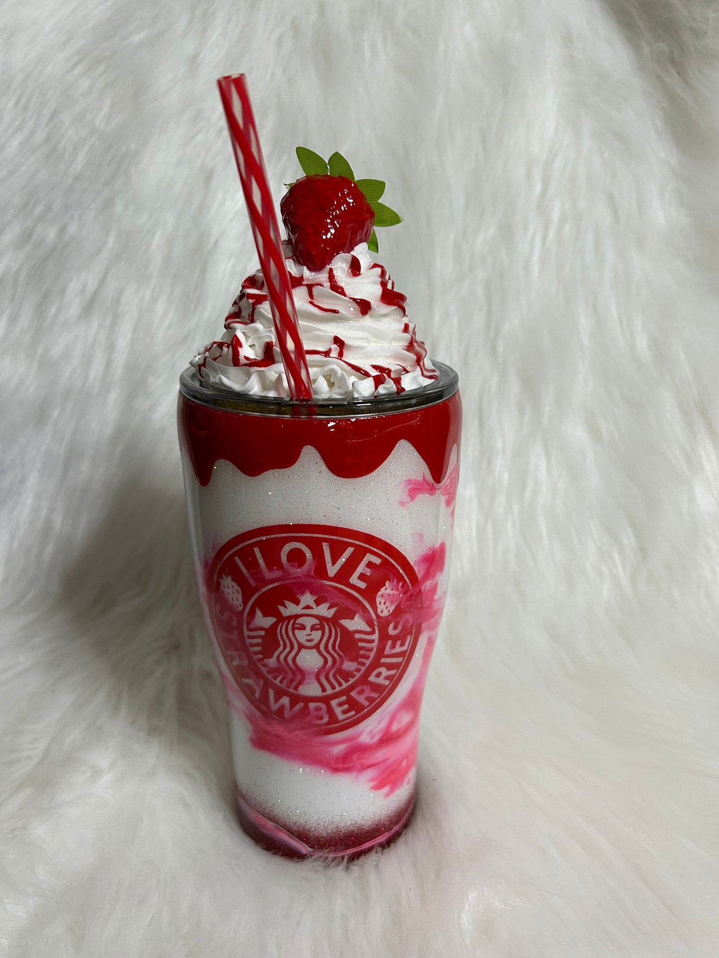 Strawberry Mocha custom tumbler, I Love Strawberries, 3D whipped cream topper.