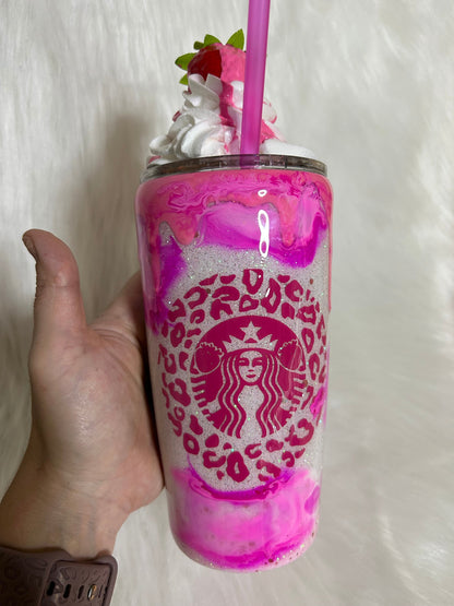 Strawberries and Cream Mocha with 3D removable topper tumbler and 3D dripping, Glitter Cup, Faux Whipped Cream topper, red and glitter.