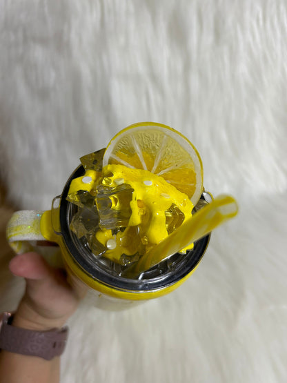 Lemonade “Mocha” custom tumbler, 3D lemon and ice topper, leopard print and lemons logo, 3D yellow dripping, crushed ice and ice cubes