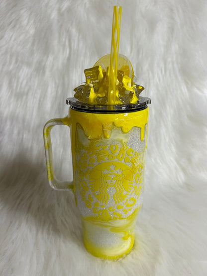 Lemonade “Mocha” custom tumbler, 3D lemon and ice topper, leopard print and lemons logo, 3D yellow dripping, crushed ice and ice cubes