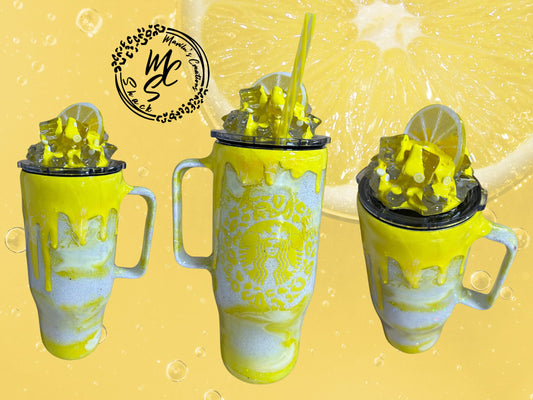 Lemonade “Mocha” custom tumbler, 3D lemon and ice topper, leopard print and lemons logo, 3D yellow dripping, crushed ice and ice cubes