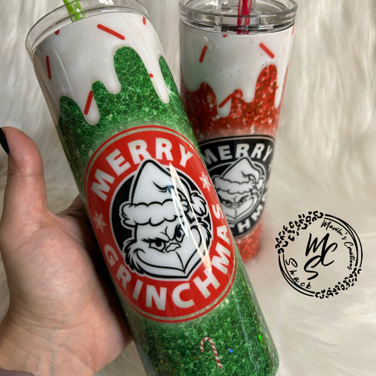 Merry Grinchmas 20oz Straight Skinny Tumbler with a touch of real glitter in red or green.